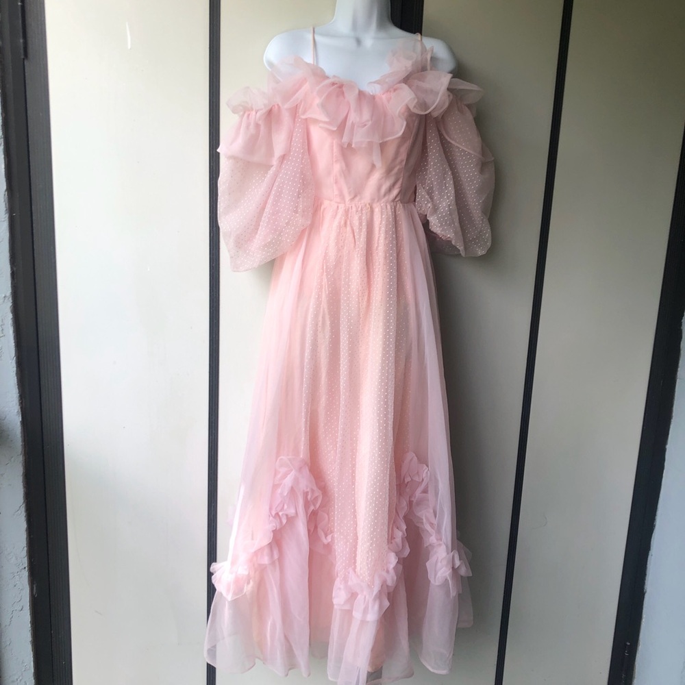 fairycore prairie ball gown polka dot dress with ruffles, lace & puffy sleeves